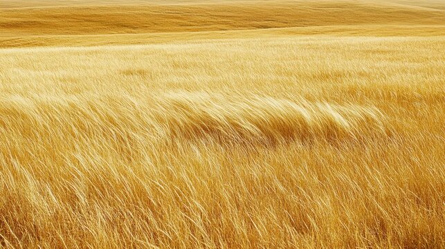 Golden grass field swaying gently in a gusty wind under warm sunlight