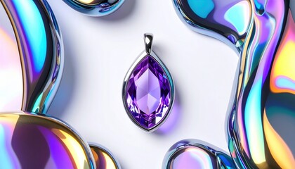 A gem pendant with a violet stone surrounded by iridescent, fluid-like shapes on white