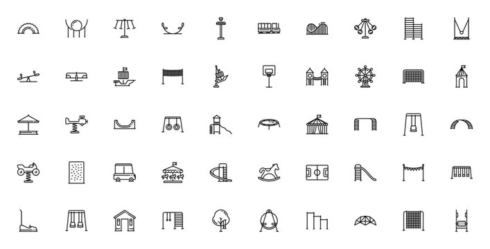 Playground icon set. Vector illustration of playground equipment. Includes tire, swings, carousel, trampoline, skateboard, climbing wall, castle, sandbox and more.