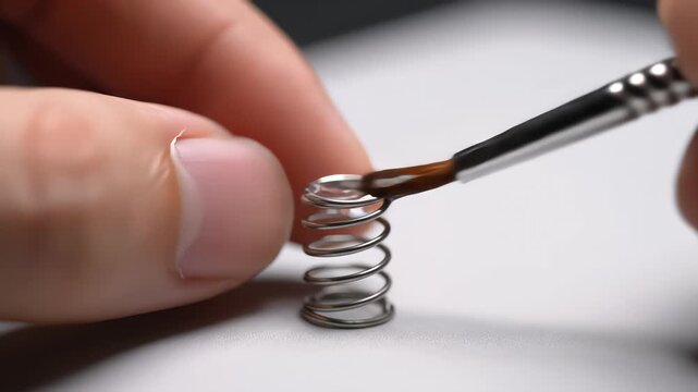 Close up of hand applying lubricant to small metal compression spring with fine brush for maintenance and friction reduction