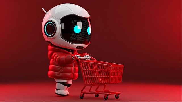 Cute Robot with Shopping Cart on Red Background