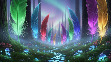 Naklejka premium Vibrant luminescent feathers cast a magical glow across a winding forest path, where mystical mushrooms thrive beneath an aurora-like celestial spectacle, creating an otherworldly dreamscape