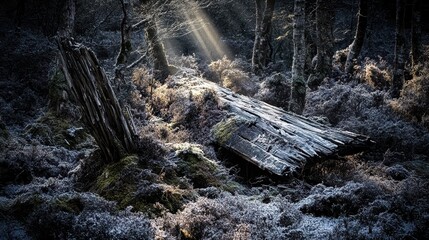 Sunlight streams through a dense forest casting ethereal rays upon frosted undergrowth and weathered wood creating a serene winter scene