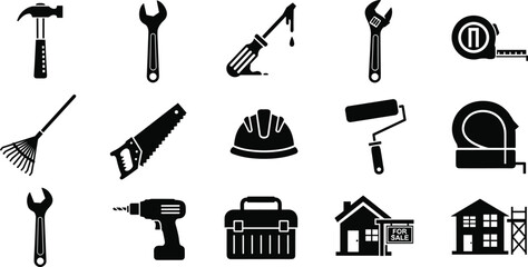 Obraz premium Construction and repair tool icon set with hammer, wrench, drill, saw, paint roller for building, maintenance, diy, work, vector design