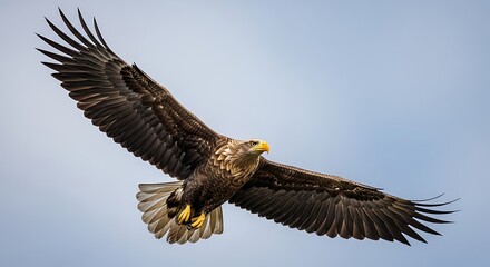 Obraz premium Majestic White-Tailed Eagle Soaring Gracefully in the Vast Blue Sky on a Clear Day