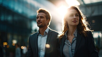 Fototapeta premium Business Couple's Stroll in the City: A stylishly dressed business couple walks confidently through a modern cityscape. The bright sunlight bathes them as they stride forward.