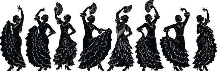 Elegant flamenco dancer silhouettes in traditional ruffled dresses performing expressive Spanish dance poses with handheld fans, cultural vector illustration for artistic design, decoration,  © Samol