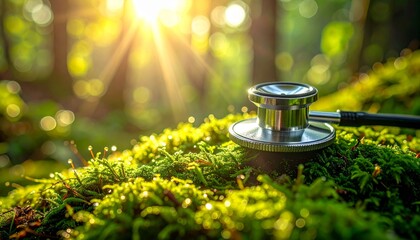 Cinematic shot of a stethoscope on green moss in a sunlit forest. Concept for World Health Day, environmental health, and holistic medicine. Nature meets medical care in a peaceful setting.