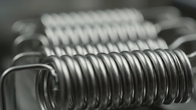 Detailed macro close-up of multiple rows of shiny stainless steel industrial coils, illustrating modern manufacturing technology and precise metal engineering components and heating elements.