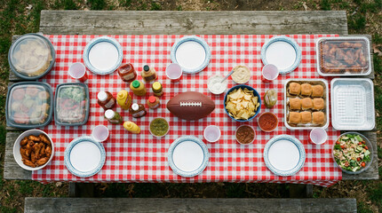 Big Game Party picnic table spread overhead view with checkered tablecloth plates cups football outdoor sports magazine website editorial photography