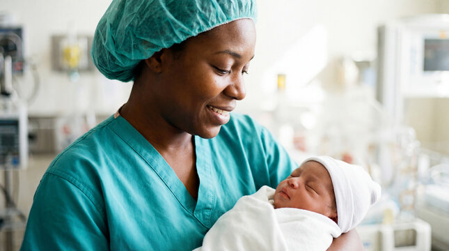 AI-generated image of a smiling Black female nurse cradling a swaddled newborn baby in a hospital maternity ward or NICU clinic.