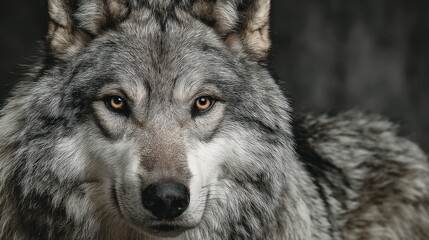 Fototapeta premium A close-up portrait showcases a striking gray wolf with intense golden eyes, against a dark backdrop