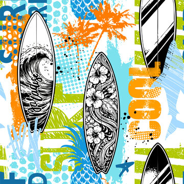 Colorful surf-themed vector pattern with surferboards, tropical elements, and retro summer vibes. Bold graphic illustration for textile, apparel, and print design