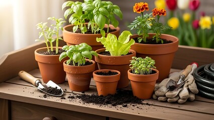 Obraz premium A wooden table with several potted plants and gardening tools on it