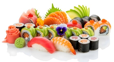 A complete sushi set featuring nigiri and maki rolls made with fresh fish and vegetables, served on a clean white background. Perfect for culinary visuals, menus, and commercial food.