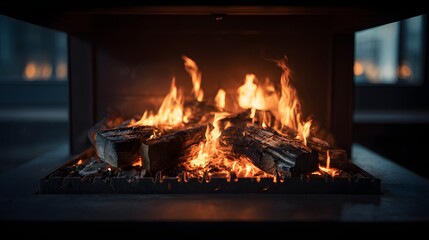 Modern Industrial Minimalist Gas Fireplace with Burning Logs