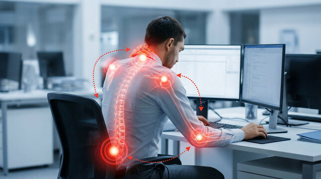 Office Worker Experiencing Back, Neck, and Joint Pain While Using a Computer at a Desk, Showing the Impact of Long Hours