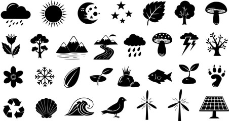 Environment Nature Ecology Glyph Icons Set. Black and White Vector Symbols for Weather, Plants, Animals, and Renewable Energy Concepts.