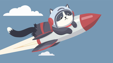 Cat wearing retro helmet riding a rocket cartoon vector illustration print-ready isolated on white background