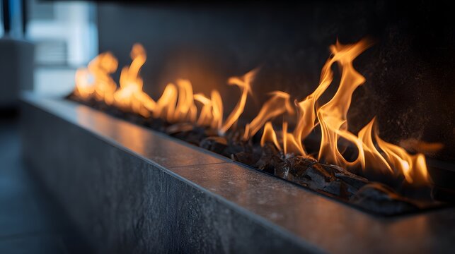 Modern Industrial Minimalist Gas Fireplace with Burning Logs