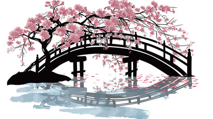 Cherry blossoms over wooden bridge silhouette landscape illustration