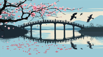 Cherry blossoms over wooden bridge silhouette landscape illustration