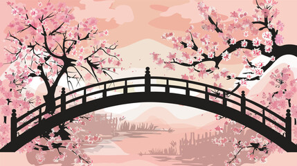 Cherry blossoms over wooden bridge silhouette landscape illustration