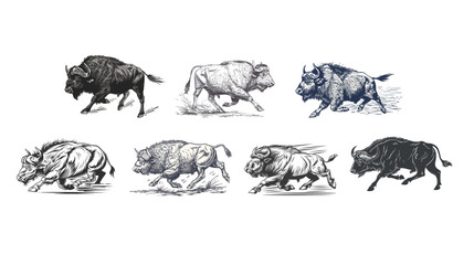Charging buffalo mid-motion with dynamic engraved line illustration