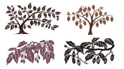 Cocoa tree with pod-shaped fruits silhouette illustration