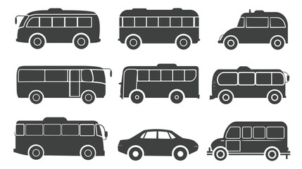 Collection of bus icons, clean vector line and solid black shapes illustration