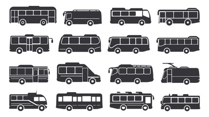 Collection of bus icons, clean vector line and solid black shapes illustration