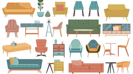 Collection of different stylish furniture, modern interior vector illustration