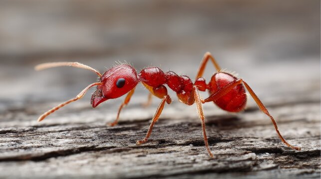 red fire ant on wood, macro photo