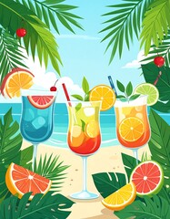 Vibrant tropical cocktails on a sandy beach