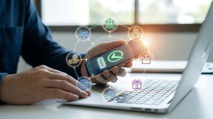 Person using smartphone with digital payment icons connected to laptop, symbolizing online banking and e-commerce transactions
