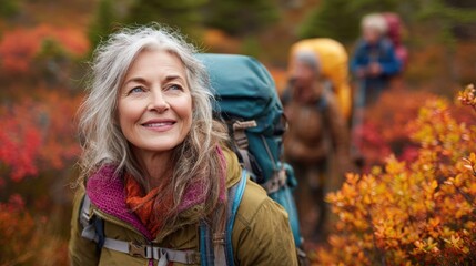 Explore adventure outdoor in National Park. A woman with a backpack standing in a forest, surrounded by vibrant fall foliage. The background is slightly blurred.