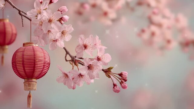 pink cherry blossom in spring with hanging lantern