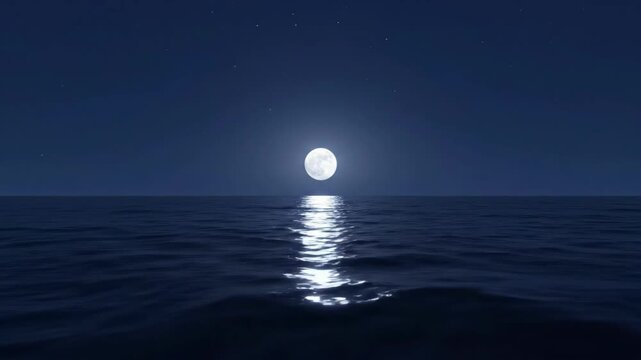 Mystical 4K Seamless Loop Full Moon Reflection on Dark Ocean Water Animation for Ramadhan and Eid Background
