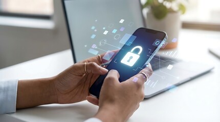 Business professional holding smartphone with banking app open on white desk with laptop and coffee in modern office