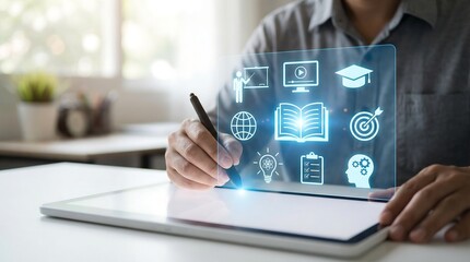 Business professional analyzing digital marketing strategy on laptop with futuristic icons and creative graphics overlay