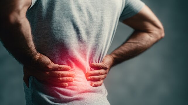 Man suffering from lower back pain with red inflamed area on spine