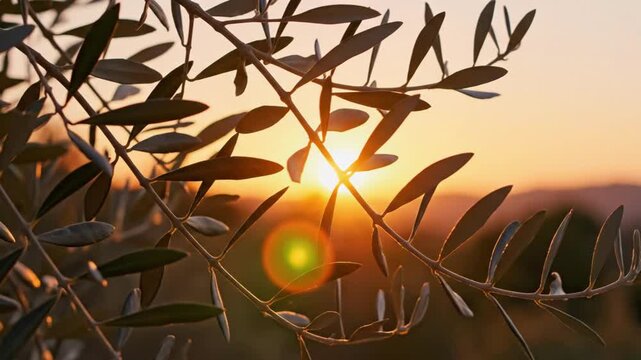 Cinematic 4K Golden Sunset Background Scene Through Olive Tree Branches for Ramadhan Iftar Atmosphere