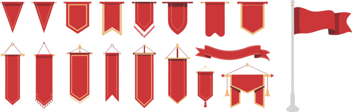 Collection of red medieval hanging banners flags and ribbons for festival decoration heraldic event design illustration