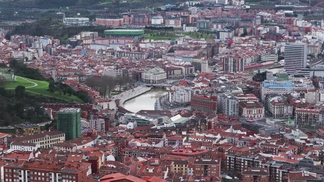 Panoramic view of Bilbao city skyline with its most iconic and emblematic buildings