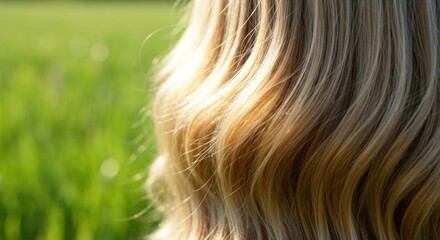 Naklejka premium Close-up of long, wavy, sun-kissed blonde hair against a blurry green field backdrop