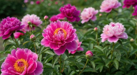 Obraz premium Close-up of vibrant pink and magenta peony blossoms, surrounded by lush green foliage