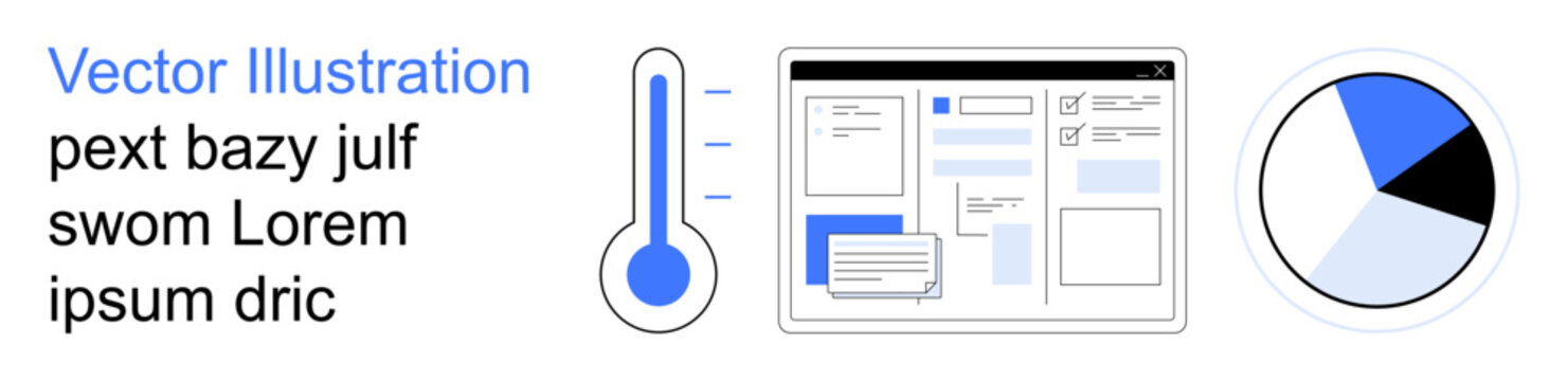 Data tracking, analytics, business performance, metrics monitoring, digital reporting, health evaluation. A thermometer, dashboard layout and pie chart. Data tracking and analytics concepts