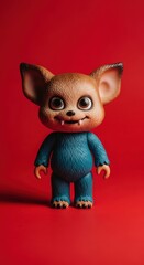 Adorable Bat-Eared Creature Doll on Vibrant Red Background.