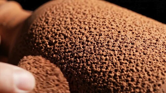Macro close up of hand gently touching rough textured porous surface of reddish brown volcanic rock or terracotta object motion footage