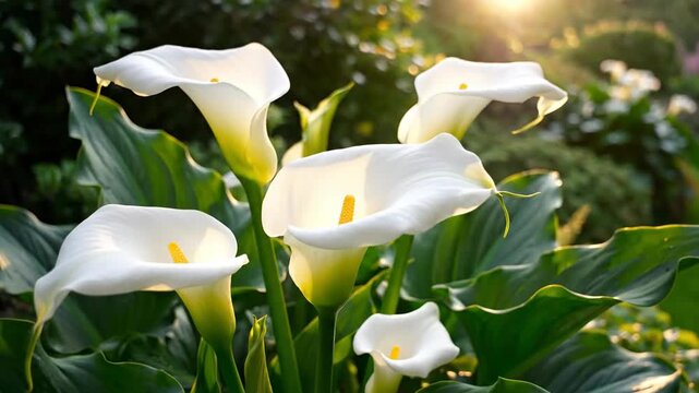 Blooming white calla lilies under a bright light, surrounded by green foliage